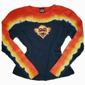 Harley-Davidson 90s Vtg Style Ombre Tie Dye Flaming Heart Grapic Long Sleeve Top